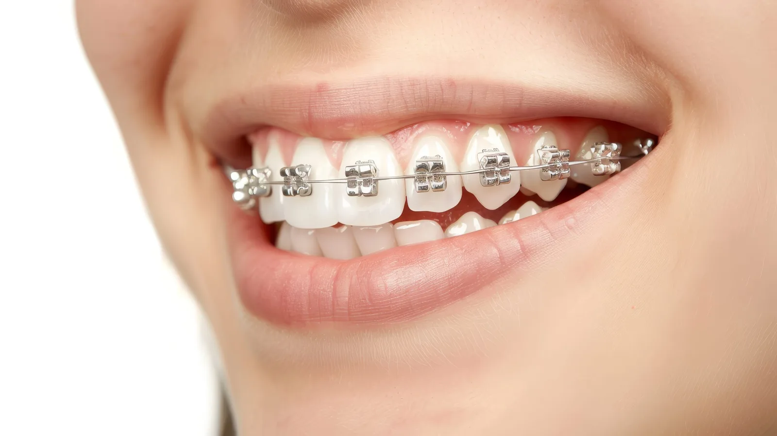 Traditional braces with metal brackets and archwire.
