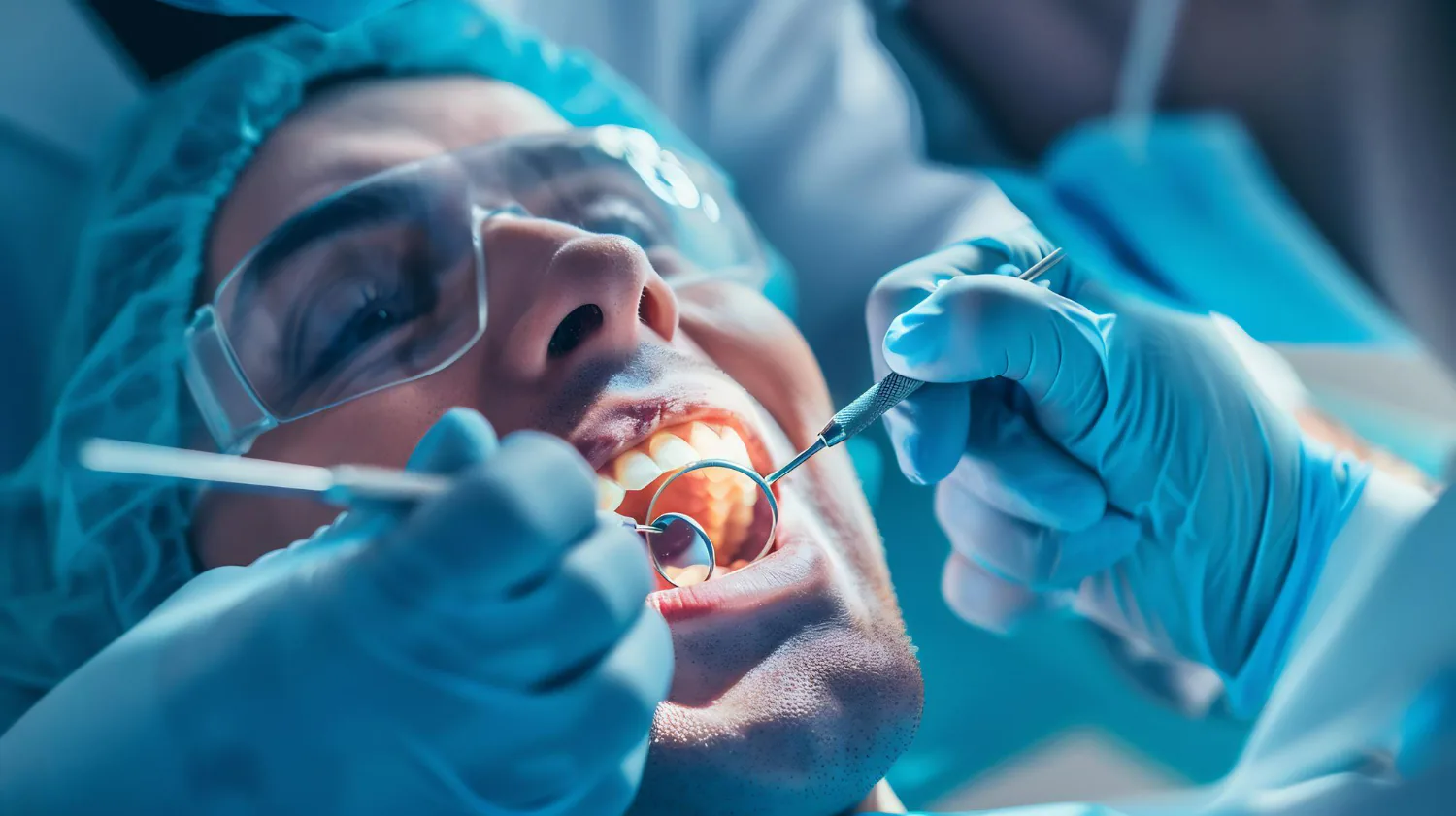 Dentist is preparing the adjacent tooth to begin the procedure.