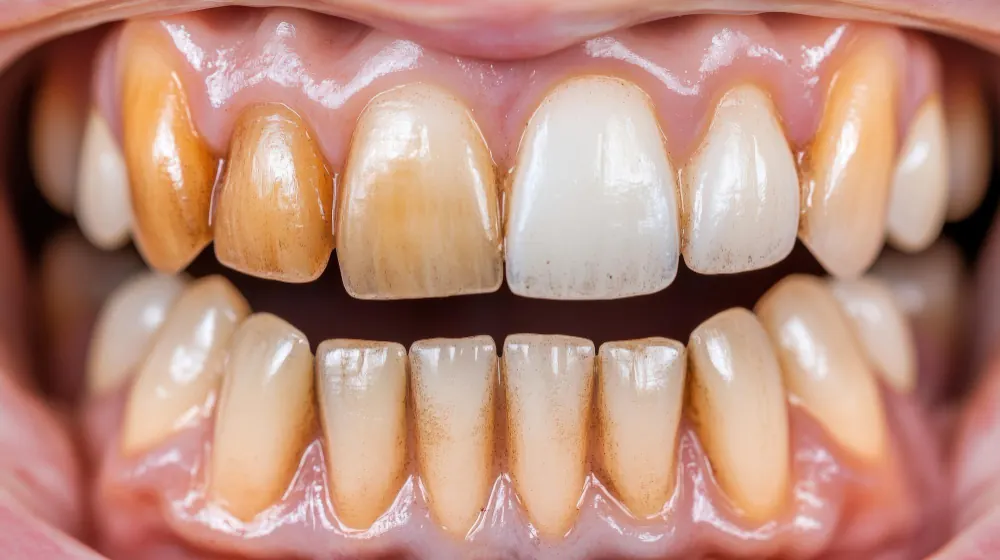 Close-up of tartar visible on the teeth to be treated with a teeth cleaning session.